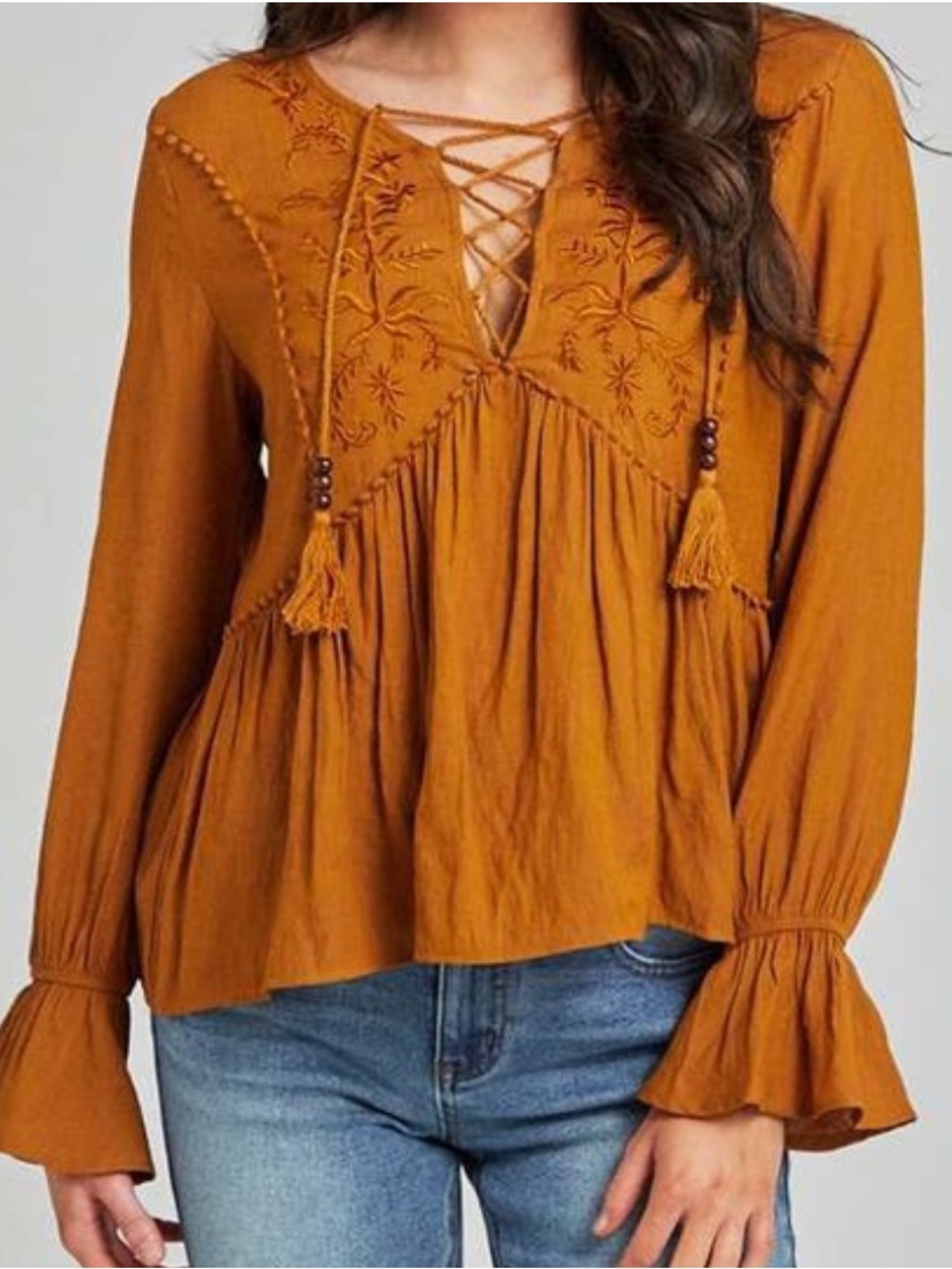 Altar’d State Embroidered Boho Peplum Top - Bell Sleeve Tassel Brown Orange M